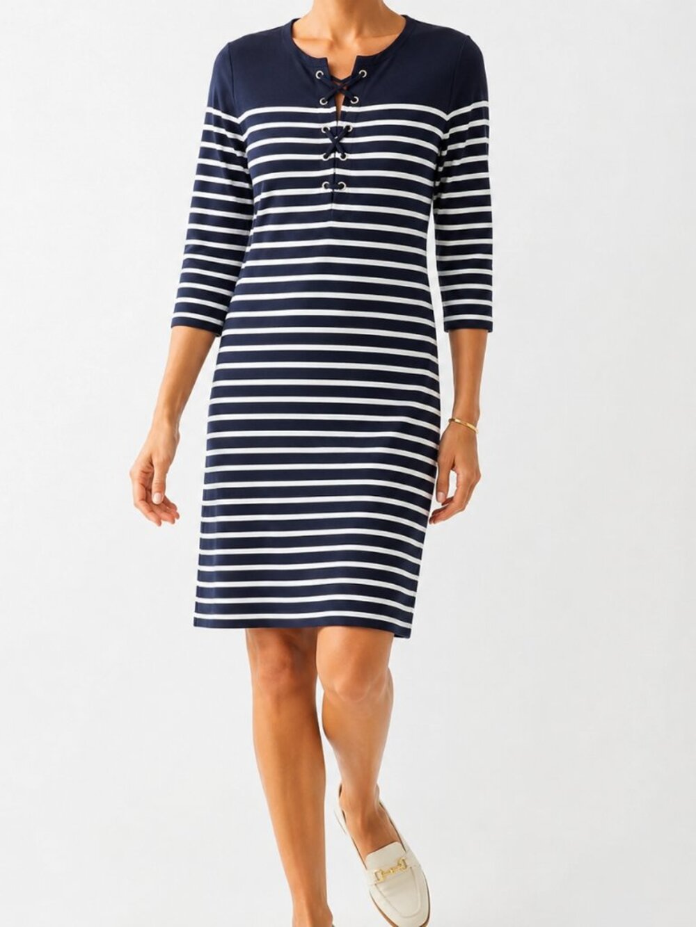 Talbots Navy Striped 3/4 Sleeve Coastal Grandmillennial Sweater Dress [size M]